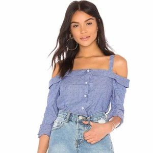 NWOT BCBGENERATION Blue & White Striped Red Dot Cold-Shoulder Shirt M